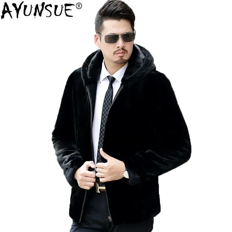 AYUNSUE Men Mink Coat Winter Jacket Velvet Natural Fur Men's Real Fur Coat Luxury Jacket Plus Size S-9XL Winter Jacket for Men