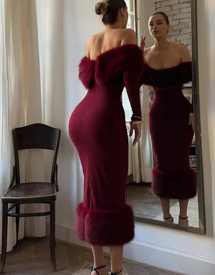 

Женское платье без бретелек из искусственного меха с лоскутным узором, сексуальное, с открытыми плечами, длинными рукавами, приталенное, облегающее, для вечеринок и торжественных мероприятий