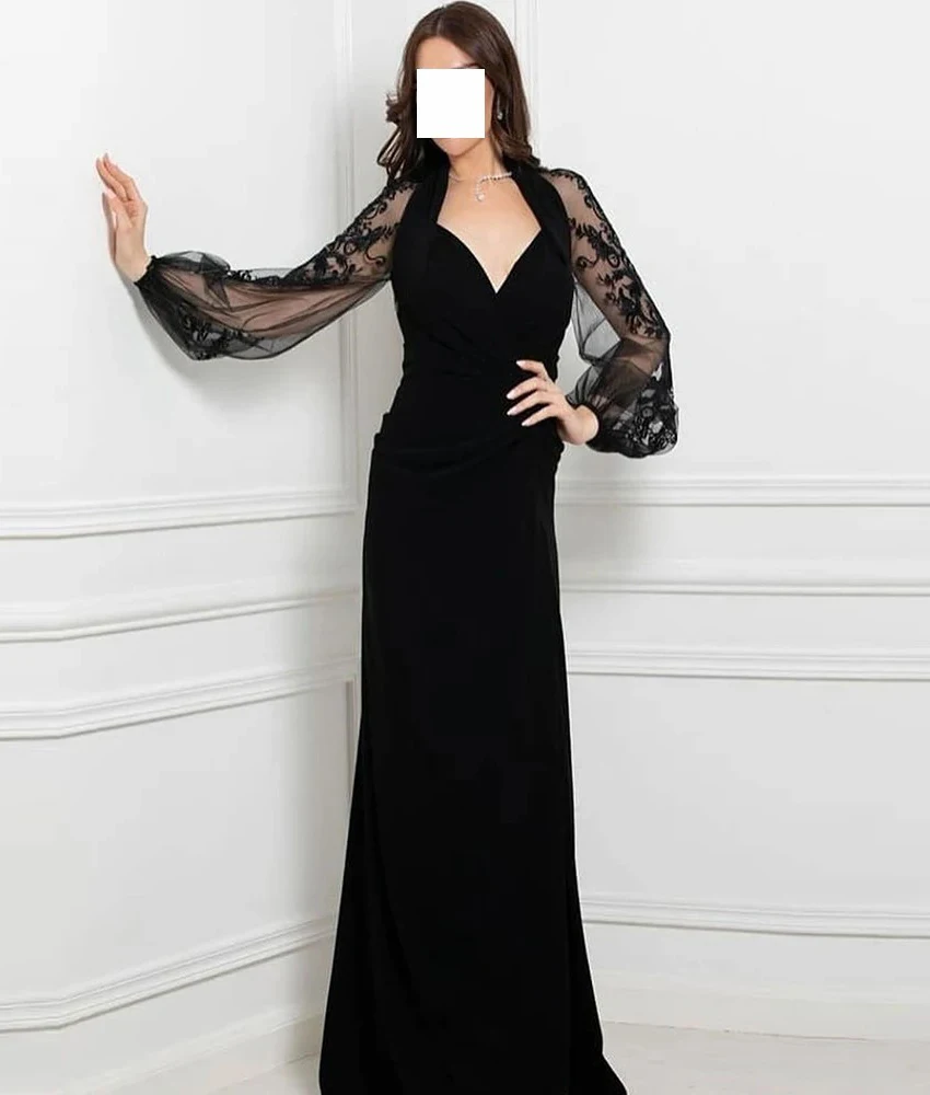 

Customized High Quality Jersey Straight Appliques Evening Dress Sexy Long Sleeves Floor Length V-Neck Special Occasion Gowns