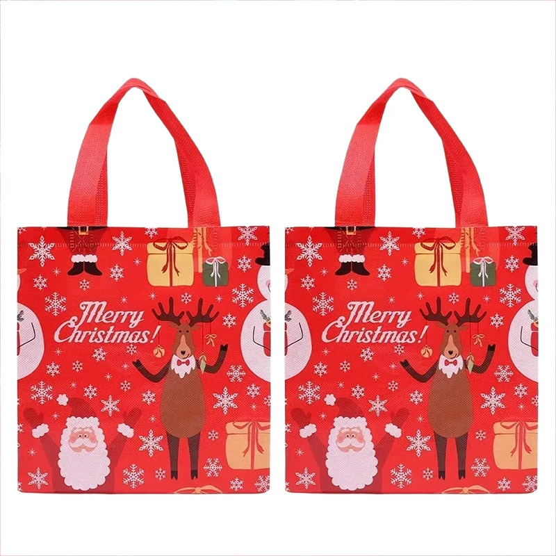 Merry Christmas Gift Bags with Handle High-capacity Foldable Storage Handbag Non Woven Cartoon Print Santa Elk Party Supply TMZ