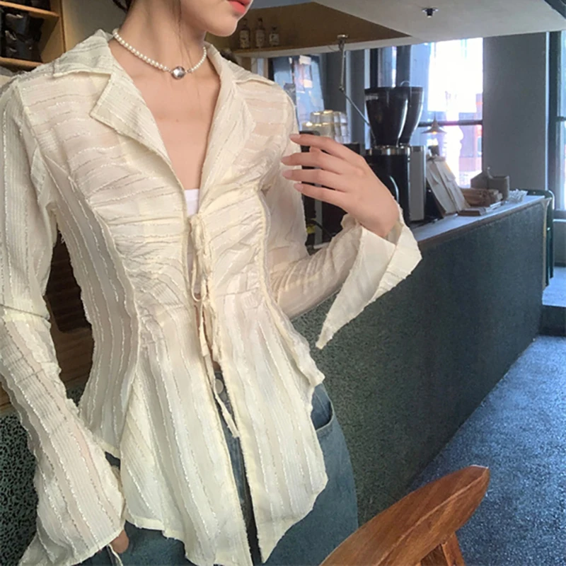 Sweet Solid Bandage Chic Women Shirt Spring Turn Down Collar New Ladies Blouse All Match Harajuku Long Sleeve Female Tops