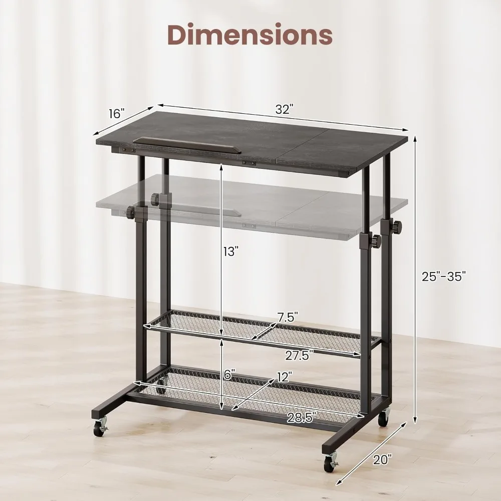 مكتب كمبيوتر محمول قابل للتعديل بارتفاع قابل للتعديل مع سطح مائل وتخزين لأجهزة الكمبيوتر المدمجة #3