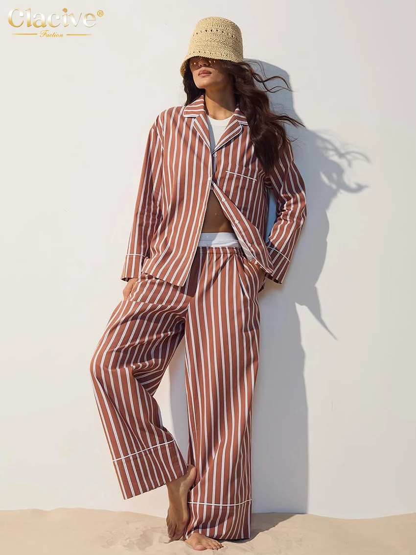 

Clacive Fashion Loose Stripe Print 2 Pieces Set For Woman 2025 Elegant Long Sleeve Shirt With High Waist Wide Pants Set Female