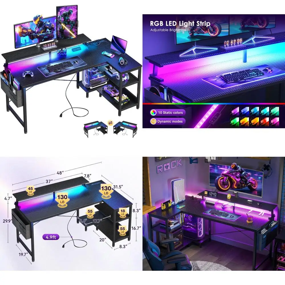 L-Shaped Gaming Desk 48 Inch with USB Charging, LED Lights, Storage Shelves and Monitor Stand for Optimal Computer Setup
