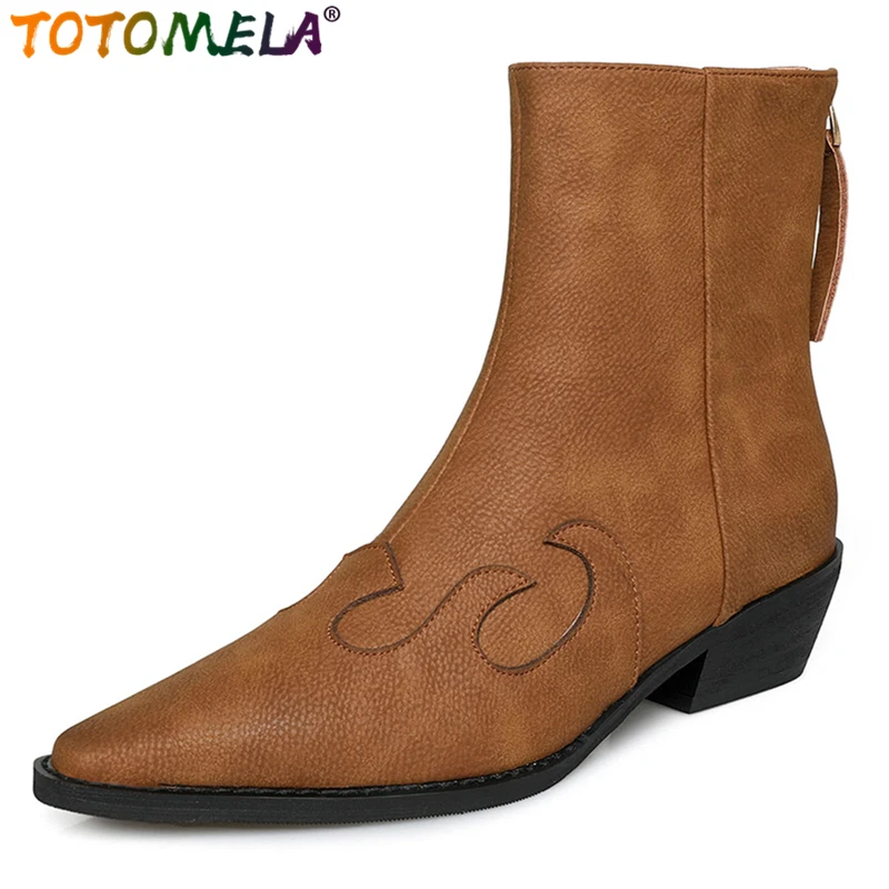 

TOTOMELA New Cow Leather Back Zipper Ankle Boots For Women Shoes Pointed Toe Cowboy Western Boots Autumn Handmade Shoes