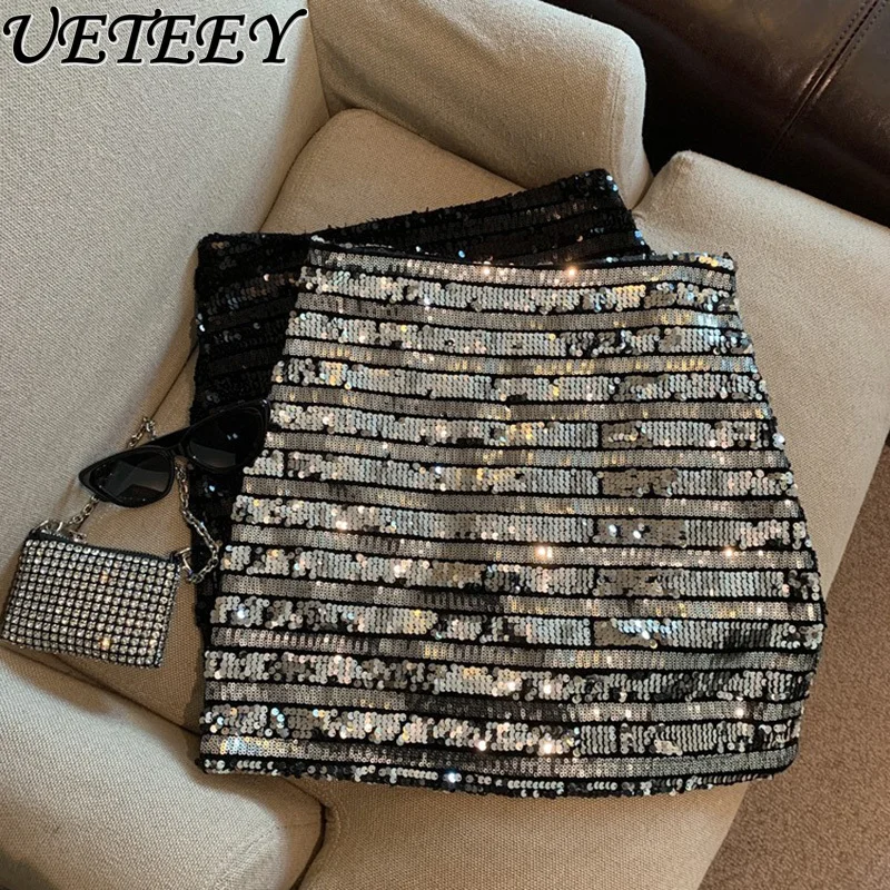

European Style High-End Heavy Sequin Design Niche Chic Short Skirt for Women Autumn Winter New Sexy Slim Fit Mini Skirts