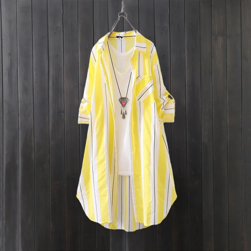 قميص شيفون نسائي معطف رقيق للحماية من الشمس بأكمام طويلة قميص فضفاض مخطط طويل مقاس كبير ملابس نسائية بلوزات نسائية