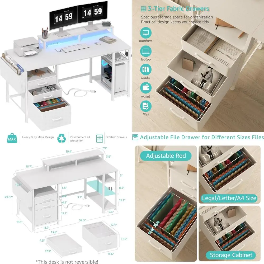 55 Modern wit computerbureau met opbergladen, thuiskantoor met monitorstandaard en planken, ideaal voor studeren, schrijven, G