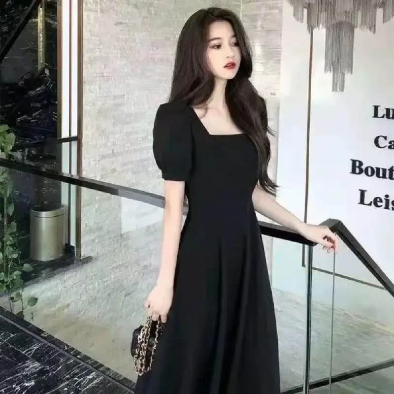 Gentle Style French Vintage Long Dress Slimming Elegant Waist-fitted Square Collar Puff Sleeve Dress For Women Summer