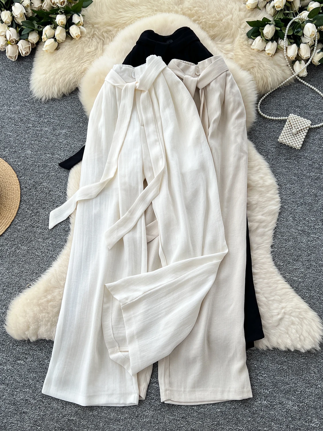 กางเกงขายาวทรงตรงเอวสูง ขากว้าง สไตล์ลำลองสำหรับผู้หญิง ใส่สบายช่วงฤดูร้อน ช่วยพรางสะโพก ทรงหลวม