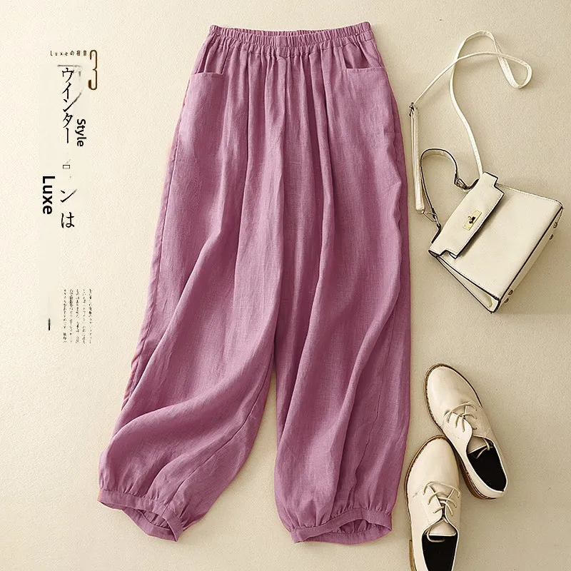 

Slimming Large Size Casual Pants Light Pink Loose Nine Points Artistic Style Summer New Arrival Women's Fashion plus Size