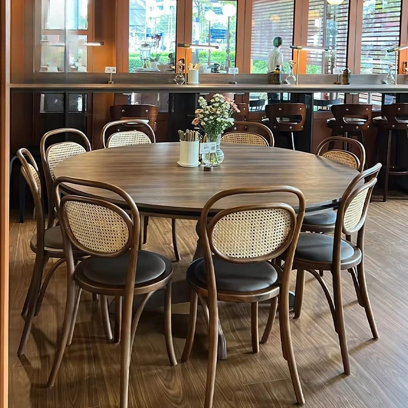 ！@Solid Wood Vintage Rattan Stackable Restaurant Furniture Dining Chair French Backrest Bar Cafe Western Restaurant Set