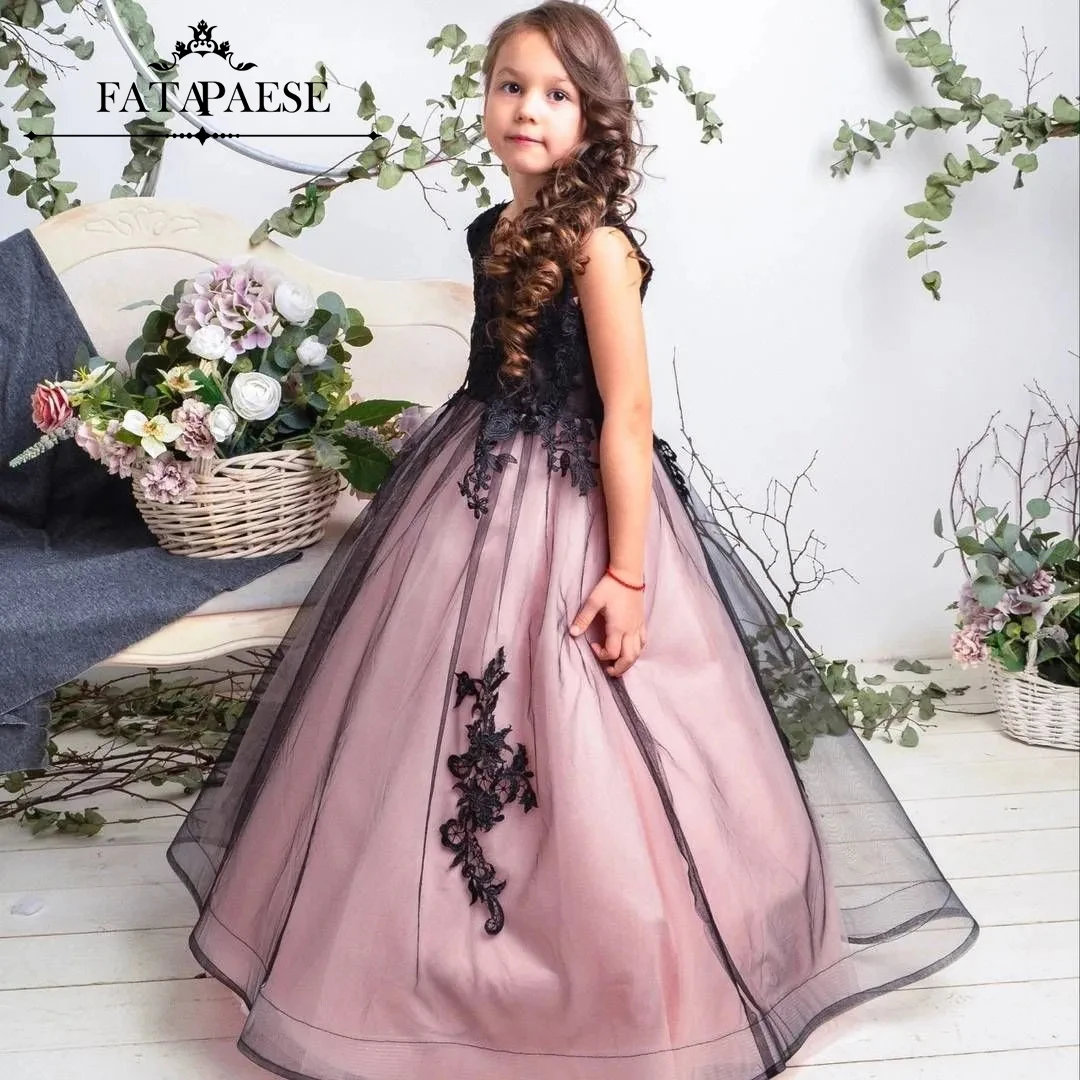 FATAPAESE-Vestido de baile blush e preto Ombre, vestido de princesa infantil, festa de aniversário, flor de casamento