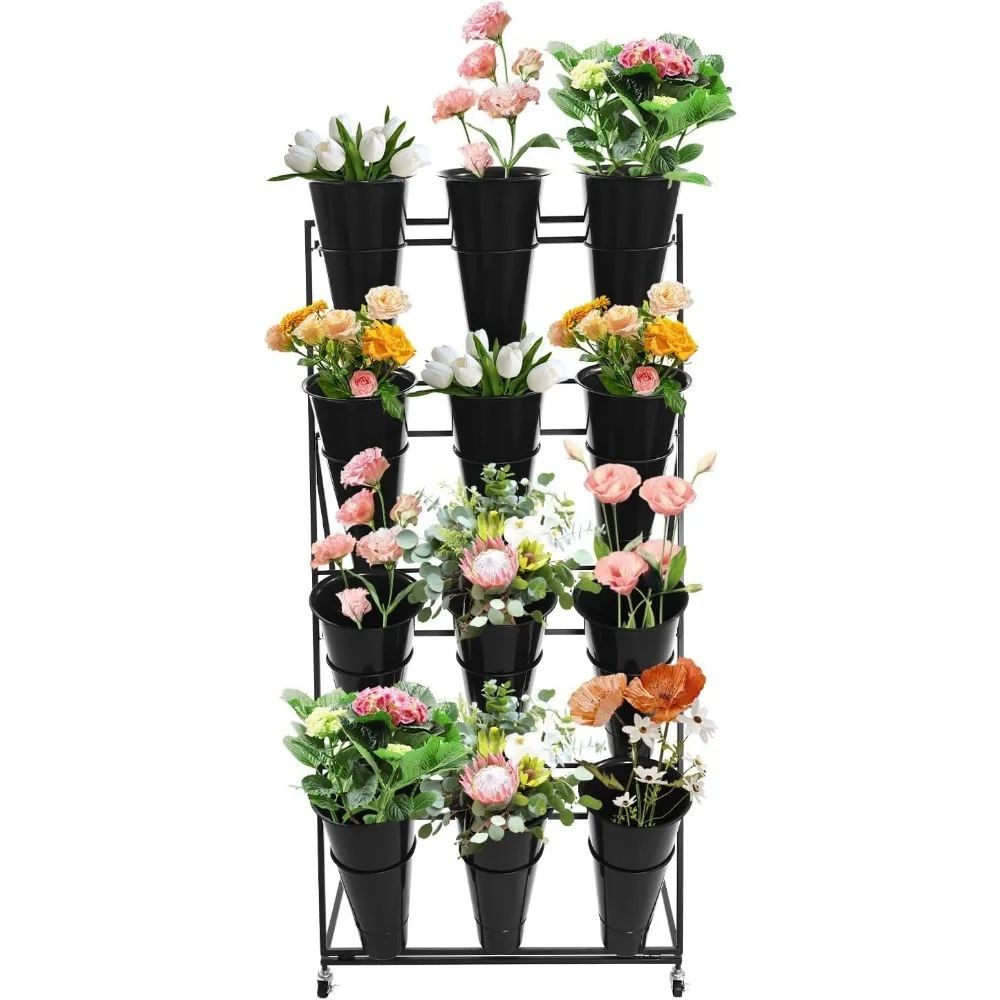 Flower Display Stand Cart With 12 Buckets Commercial Metal Plant Rack with Wheels 4 Tiers Shelf Bouquet Holder for Florist Shop