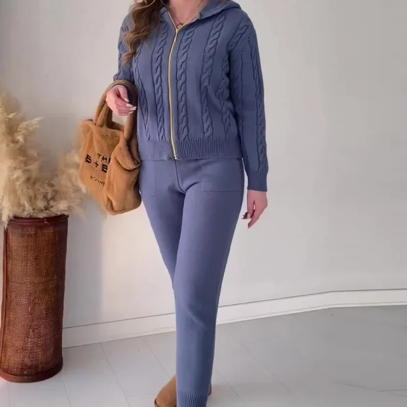 

Women's Fall Two-piece Solid Color Casual Hemp Pattern Hooded Zipper Long Sleeve Top+long Pants Two Piece Sets Womens Outifits