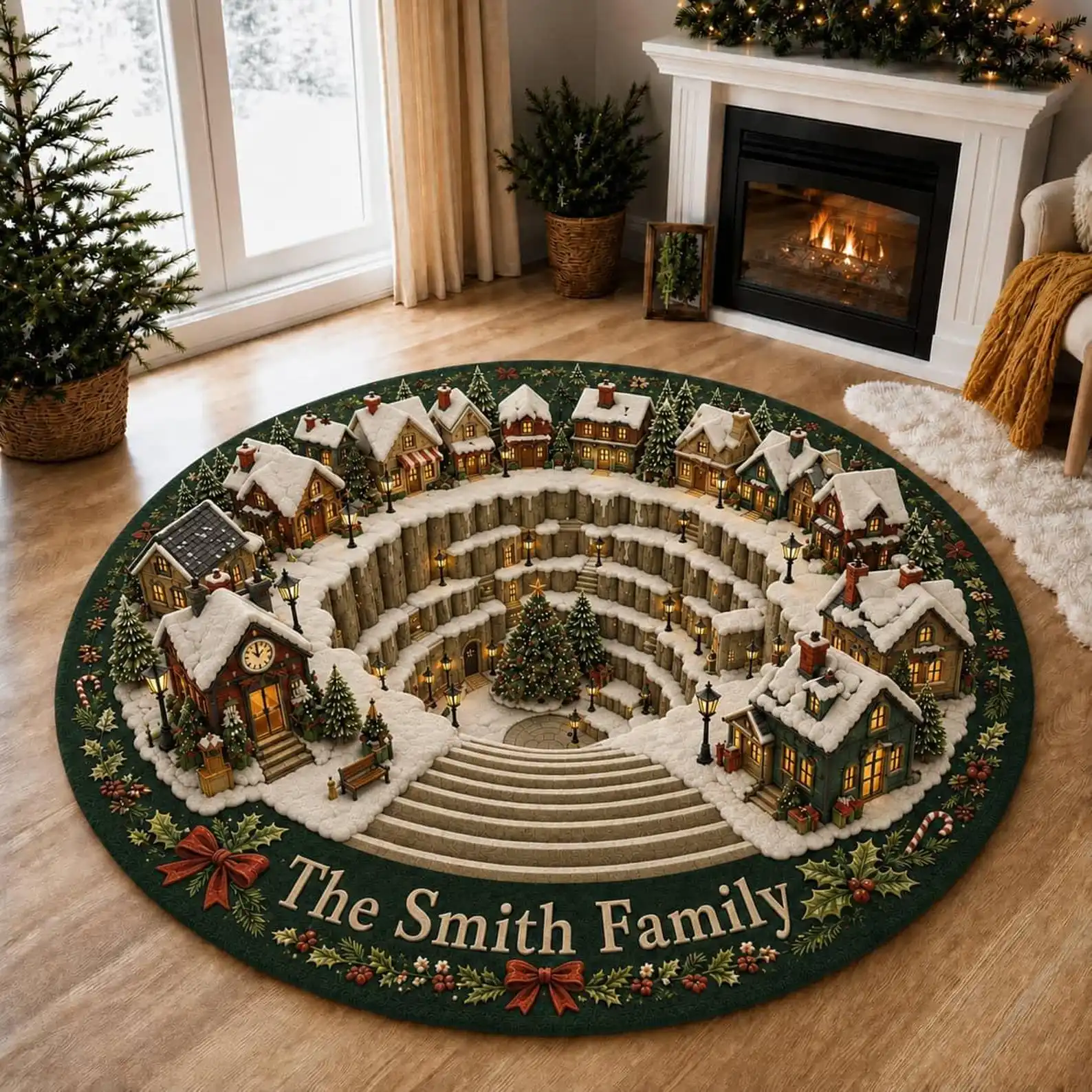 1PC Christmas Town 2D Illusionary Printed Circular Carpet, Winter Snowy Cottage, Christmas Tree, Holly Bow Flat Printed Carpet, Christmas Home Decoration, Suitable for Living Room, Bedhead, Bedroom, Entrance Christmas Floor Mat, Holiday Party