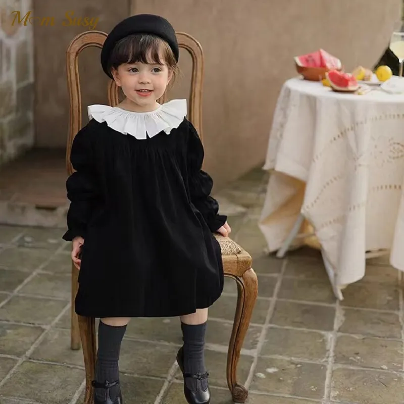 

Baby Girl Princess Corduroy Dress Lotus Leaf Collar Long Sleeve Child Black Vestido Spring Autumn Winter Baby Clothes 1-10Y