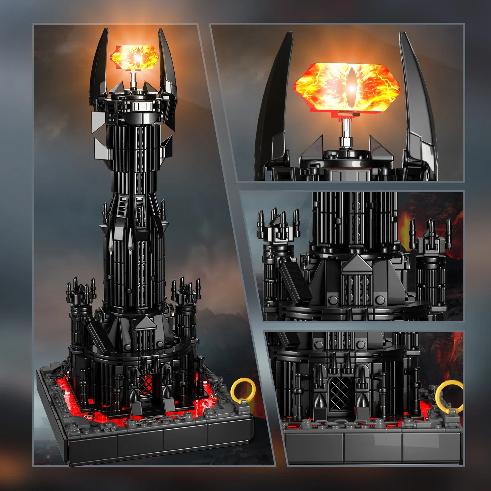 Creative NEW Lorded Black Devil Tower Building Block Set with Paper Manual and LED Light Kit Rings Magic Fortress Castle Toys