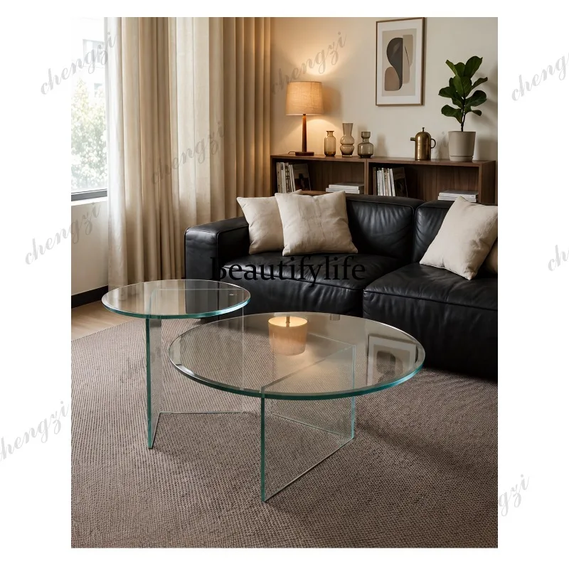 Italian minimalist explosion-proof glass edge table, living room art corner table, round transparent color coffee table