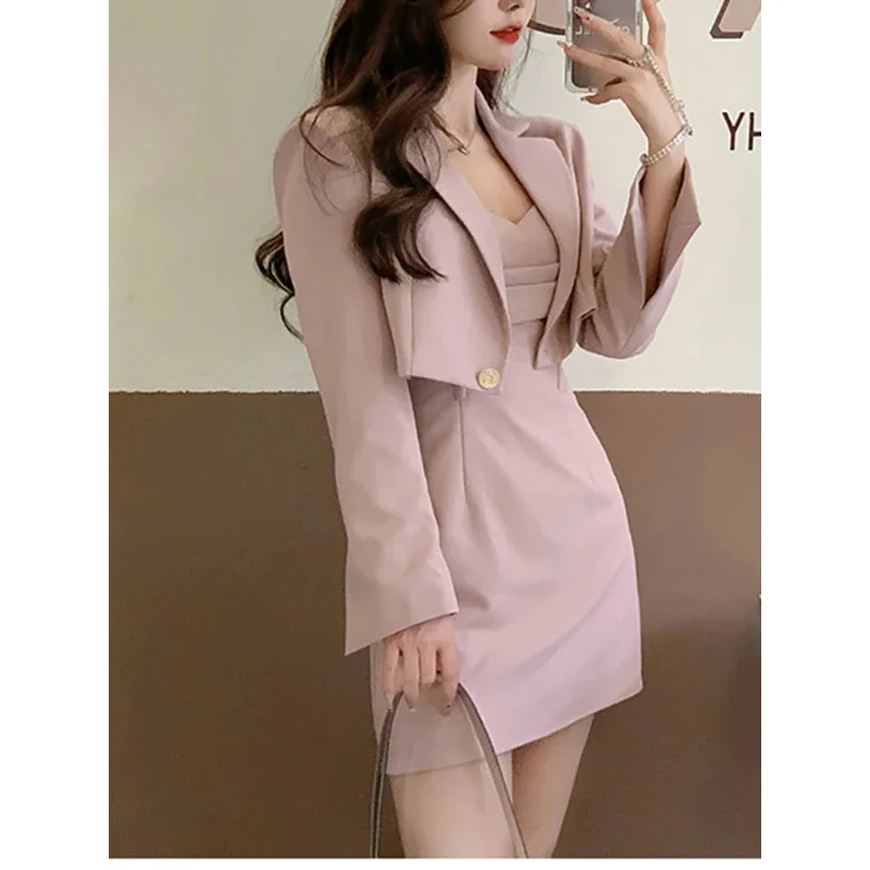 Autumn pink two piece dress set women blazer coat strap dress set female casual Korean fashion slim elegant dress suit 2024 New