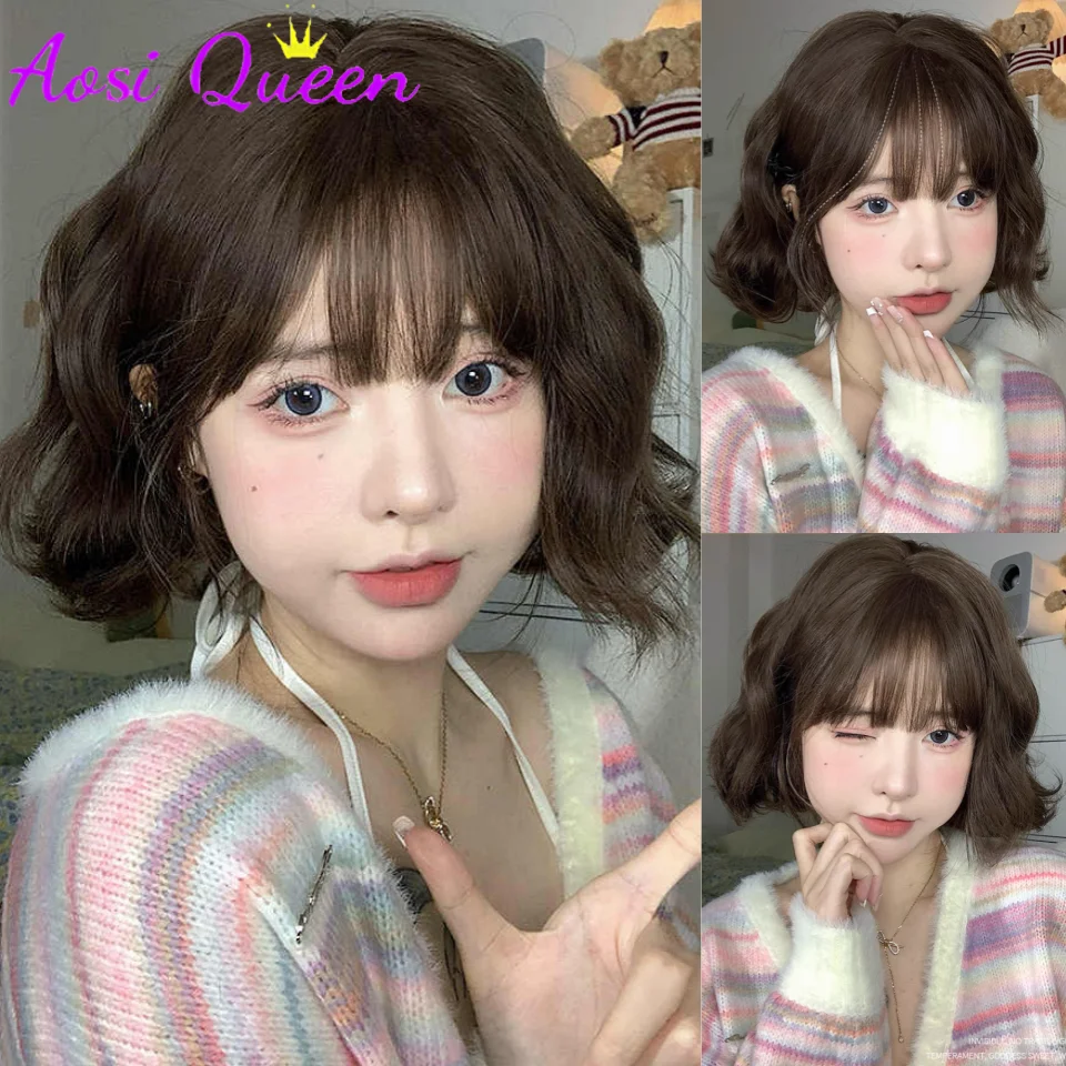 

AOSIQUEEN Коротковолновый коричневый парик Боб для женщин Ежедневное использование Высокая плотность Синтетические модные волнистые крутые каштановые волосы Парики с аккуратной челкой