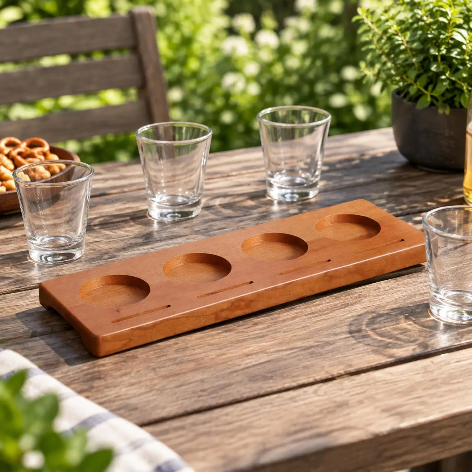 Cherry Wood Tasting Tray Warm Brown Finish Tasting Tray with Glass Holders Wooden Sturdy for Entertaining, Home Bar