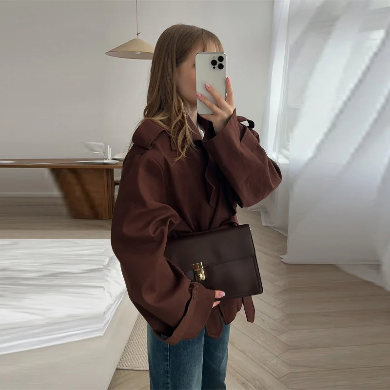 4 Colors Versatile Elegant Short Windbreaker Strap Lapel Women's Trench Coats Modest Loose Stylish Jacket Fall Street Wear
