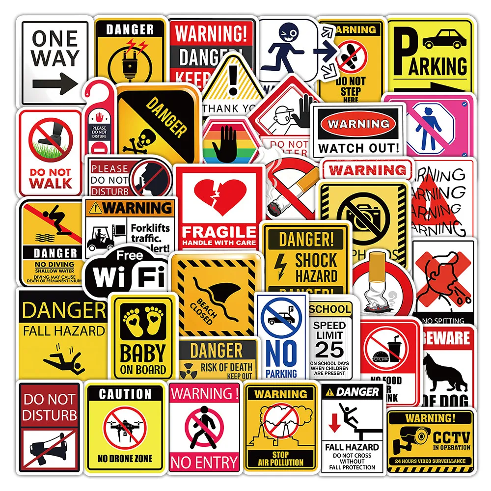 50Pcs Warning Sign Stickers Safety Alert Graphic Decals for Daily Decor Giajar Sticker Store
