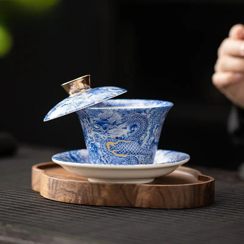 Chinese Tangka Rotatable Gold Silver Mixed Gaiwan Zen Sheep Fat Jade Hovering Lid Tea Tureen Tea Maker Cover Bowl Tea Services