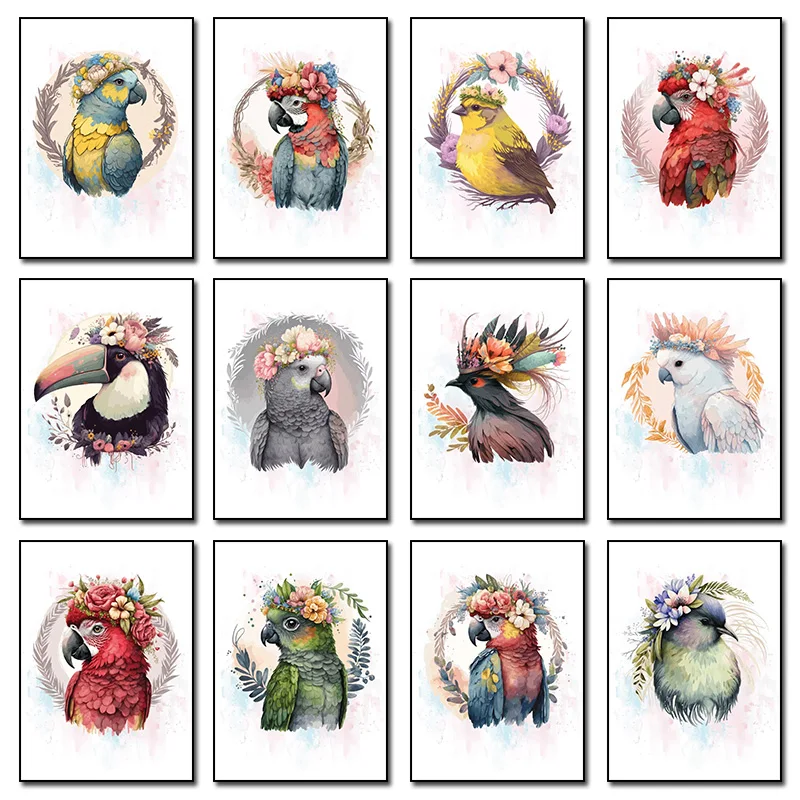 Watercolor Floral Cockatoo Owl Flamingo Eagle Red Macaw Parrot Canvas Painting Poster Print for Living Room Home Decor Cuadro