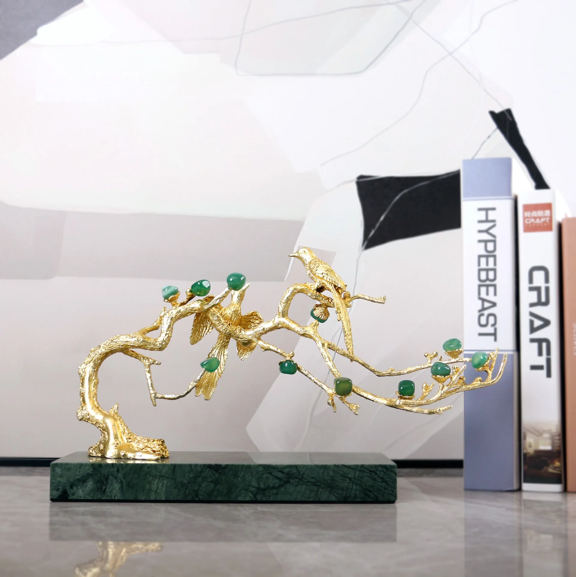 Green Agate Crafts Golden Tree Bough Sculpture Natural Crystal Metal Decorative Figurines Home Decoration Accessories