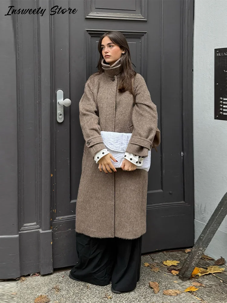 

Fashion Faux Shearling Coat Women's Stand Collar Solid Color Full Sleeve Long Trench 2025 Autumn Winter Lady Elegant Outerwear