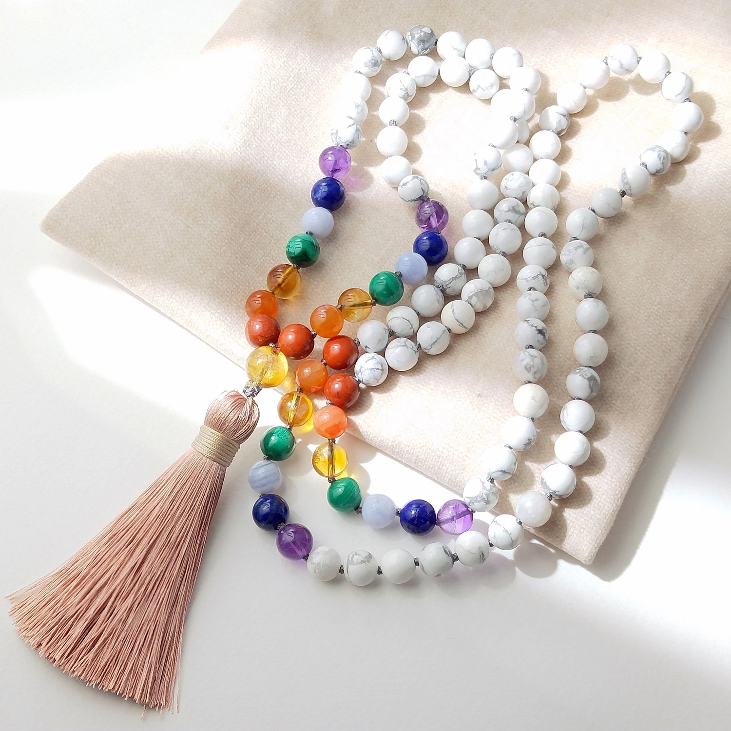 Lii Ji Natural Stone 8mm Howlite With 7 Chakras Beads Tassel Necklace 96cm Handmade Jewelry