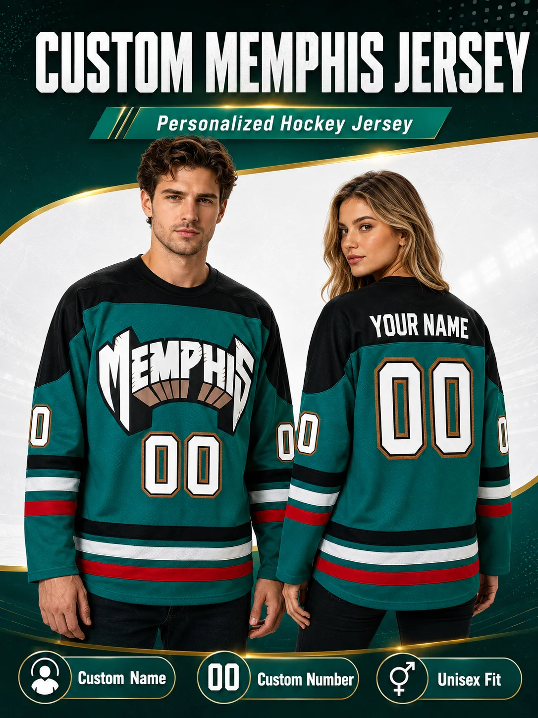 Personalized Memphis Ice Hockey Jersey Custom Name and Number Embroidered Unisex Long Sleeve Fan Gift
