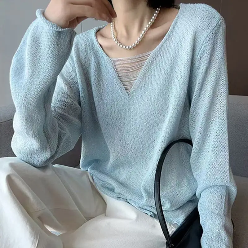Korean Thin Hollow Knitted Sweater V-neck Long-sleeved Layered Outer Wear Loose Casual Sunscreen