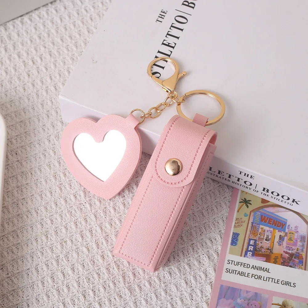 Portable PU Leather Lipstick Box, Key Chain, Detachable Mini Round Mirror, Snap on Lipstick Protective Case, Hanging Decoration view 6