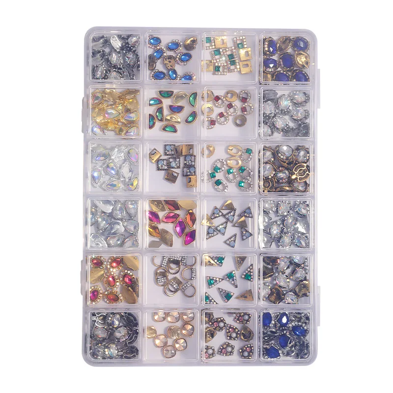 CHUNSHU 24 Grid Nail Art Decorations Mixed Retro Gold Silver Gem Metal Zircon 3D Nail Charms Luxury Planet Diamond Manicure 6