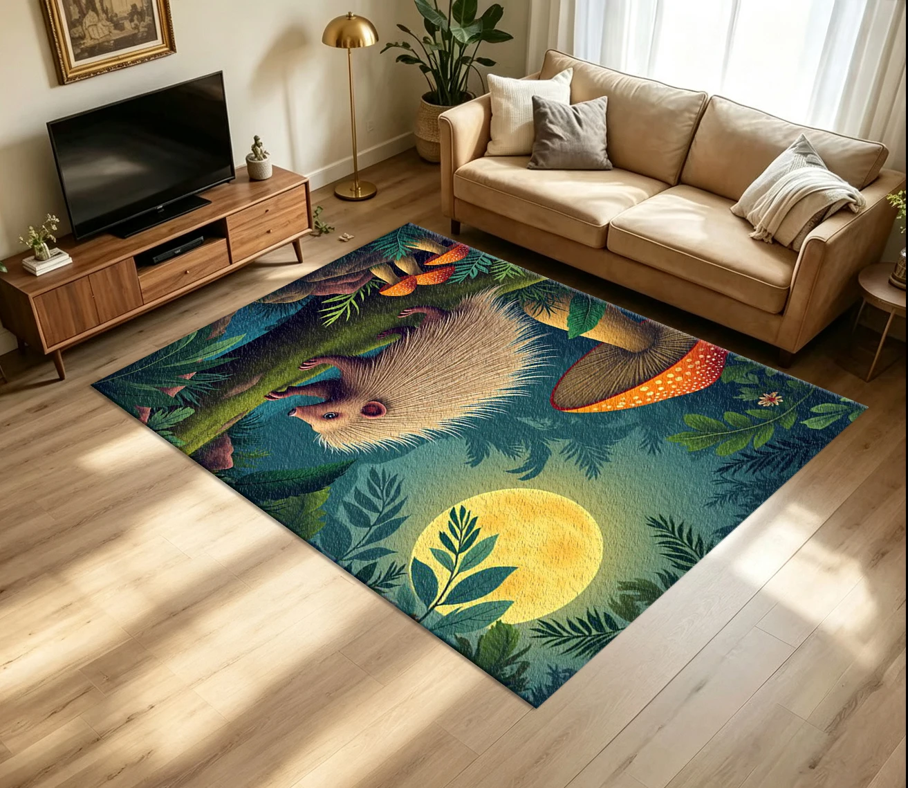 Forest Hedgehog Moon Night Carpet Flooring, Cute Animal Jungle Mushroom Scenery Non-Slip Area Rug for Kids Bedroom Home Decor
