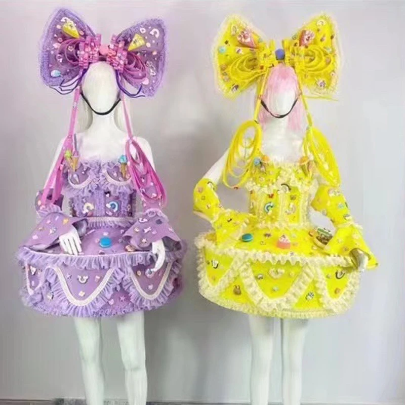 Nuevos trajes de actuación escénica de cantante femenina, tocado con lazo grande, vestido de pastel de caramelo, disfraces de actuación, trajes de fiesta Rave