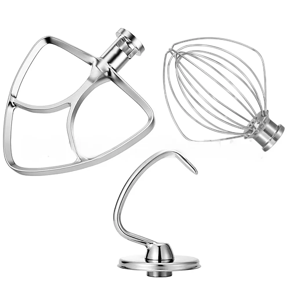 3‑Piece Mixer Attachment Set Stainless Steel Dough Hook Flat Beater Fit for Kitchenaid K45WW Stand Mixer