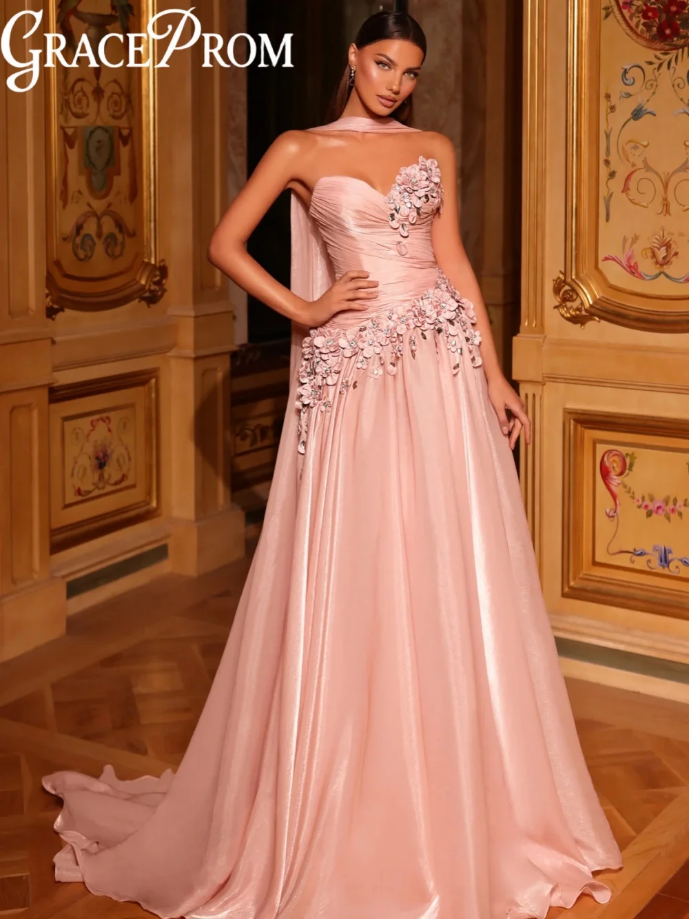 

Shinny Crystal 3D Floral Evening Dress Pink Floor-length A-line Formal Party Gown New Customized Sweetheart Neck Banquet Dresses