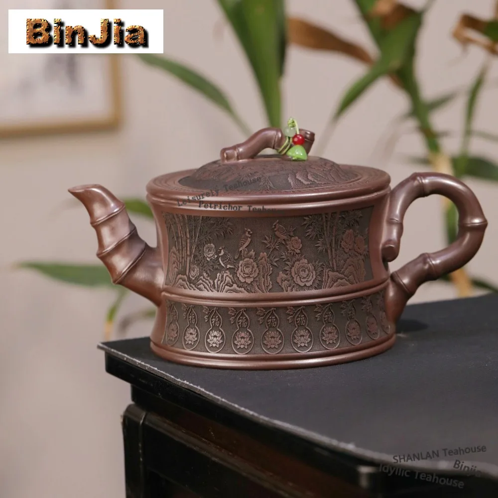 

700 мл Классические чайники из фиолетовой глины Исин, чернила ручной работы, нефрит, цветок, птица, бамбуковый узел, горшок, необработанная руда, камень, красная грязь, чайник, набор Zisha