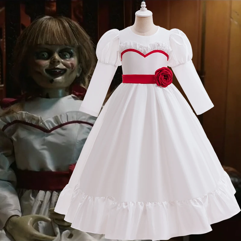 Rote Rose Annabelle Horror Braut Cosplay Kostüm Böse Halloween Party Kostüm Weißes Kleid mit Puffärmeln Ballkleid
