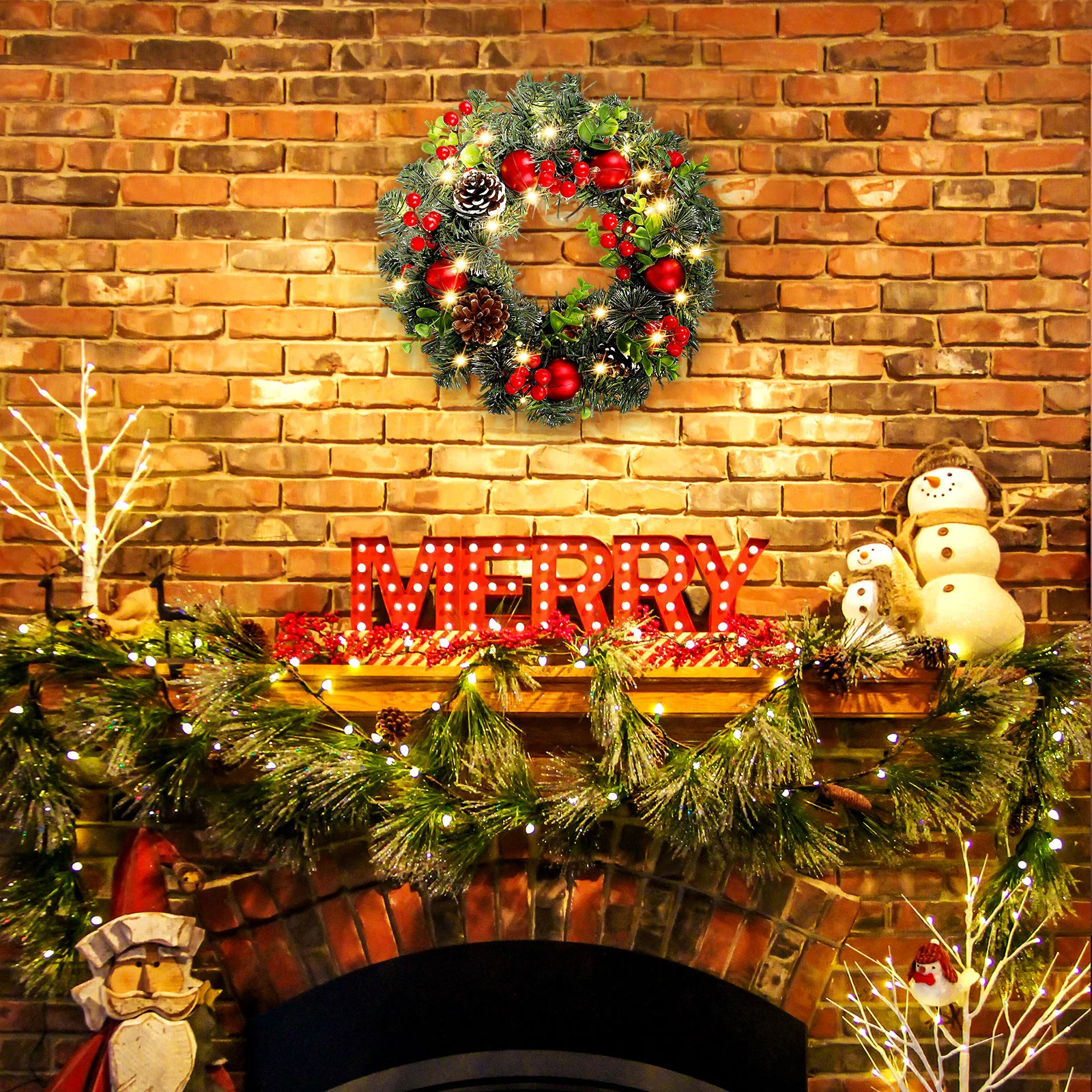 

Christmas Wreath With Lights Front Door Decoration Xmas Wall Art Christmas Home Decor Holiday Party Supplies Red Berry Garland