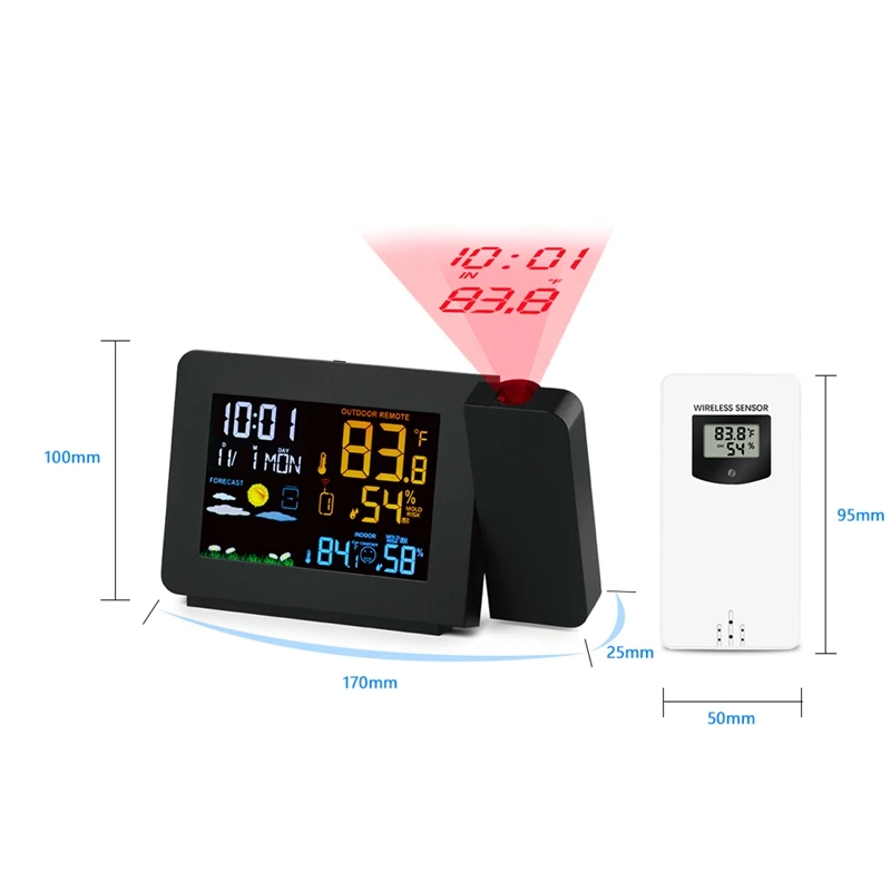 FULL-PT3391 Проекционные часы Метеостанция с датчиком температуры Красочный ЖК-дисплей Прогноз погоды