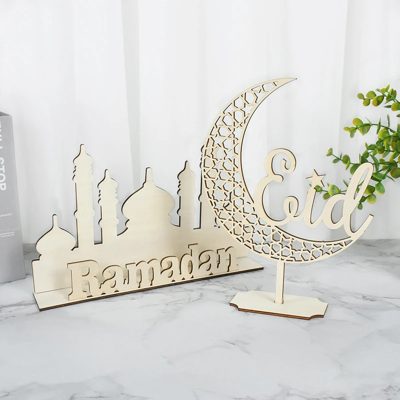 

Eid Mubarak Wooden Ornaments Wooden Craft Ramadan Hollow Desktop Decoration Islam Muslin Home Decor Kareem Festival Party Supply