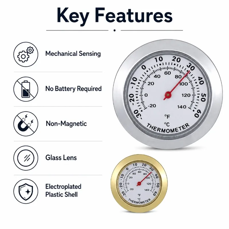 Termómetro Mecánico No Magnético con Escala Celsius/Fahrenheit, Sin Necesidad de Batería, Medidor de Temperatura para Accesorios de Humidor de Cigarros