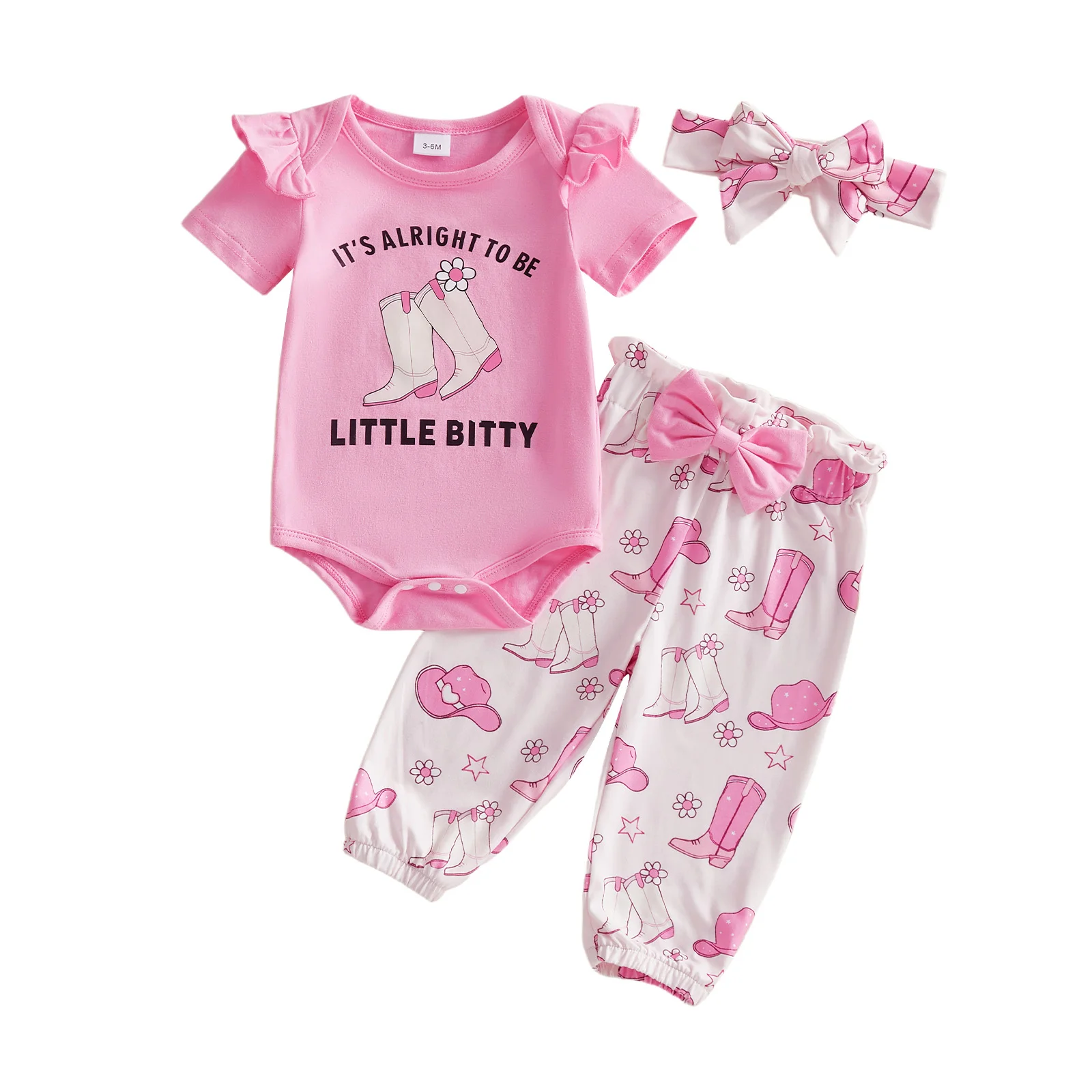 3 قطع الرضع فتاة راعية البقر الزي طاقم الرقبة كشكش قصيرة الأكمام خطابات طباعة رومبير مرونة الخصر السراويل ومجموعة عصابات رأس #2