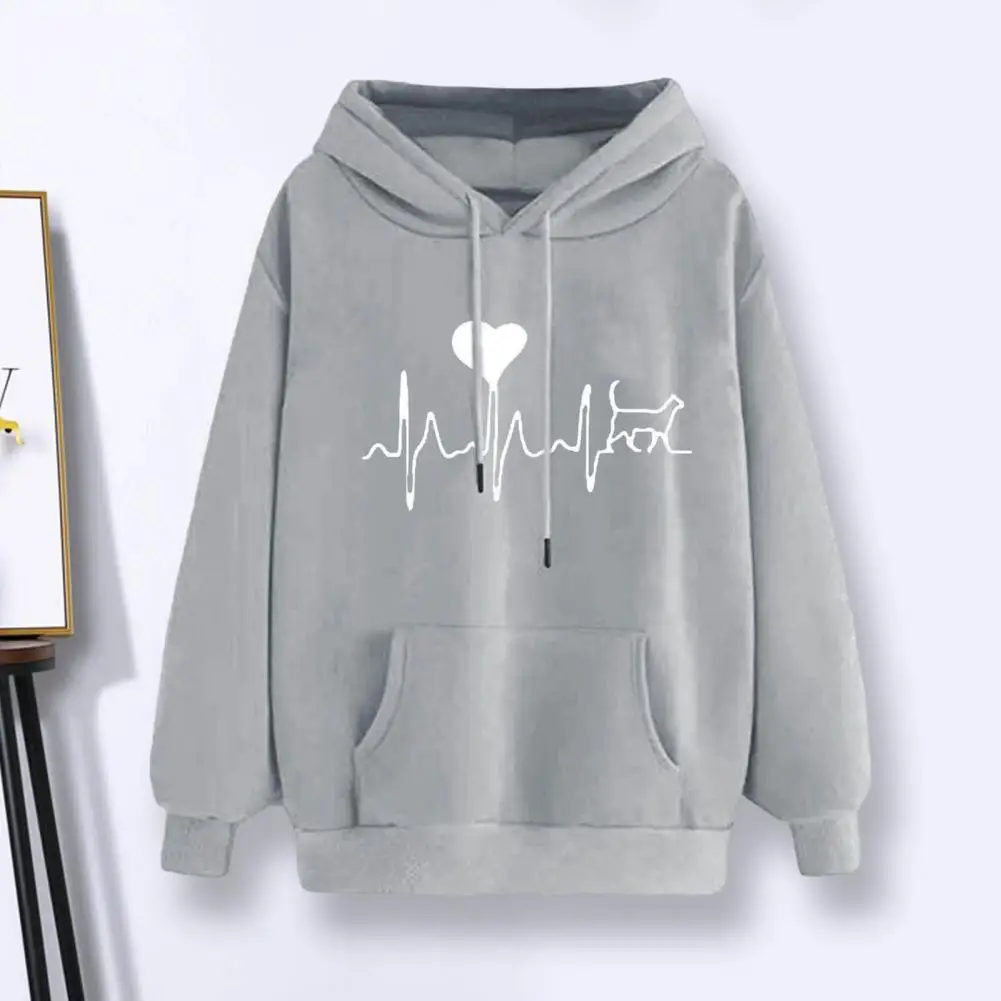 

Winter Hoodie Women Long Sleeves Front Pocket Drawstring Plush Lining Heartbeat Print Loose Hooded Sweatshirt Streetwear