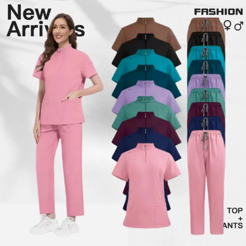 

Summer Casual Stand Up Collar Zipper Short Sleeved Work Clothes Beauty and Hairdressing Care Clothes Hospital Nurse Clothes